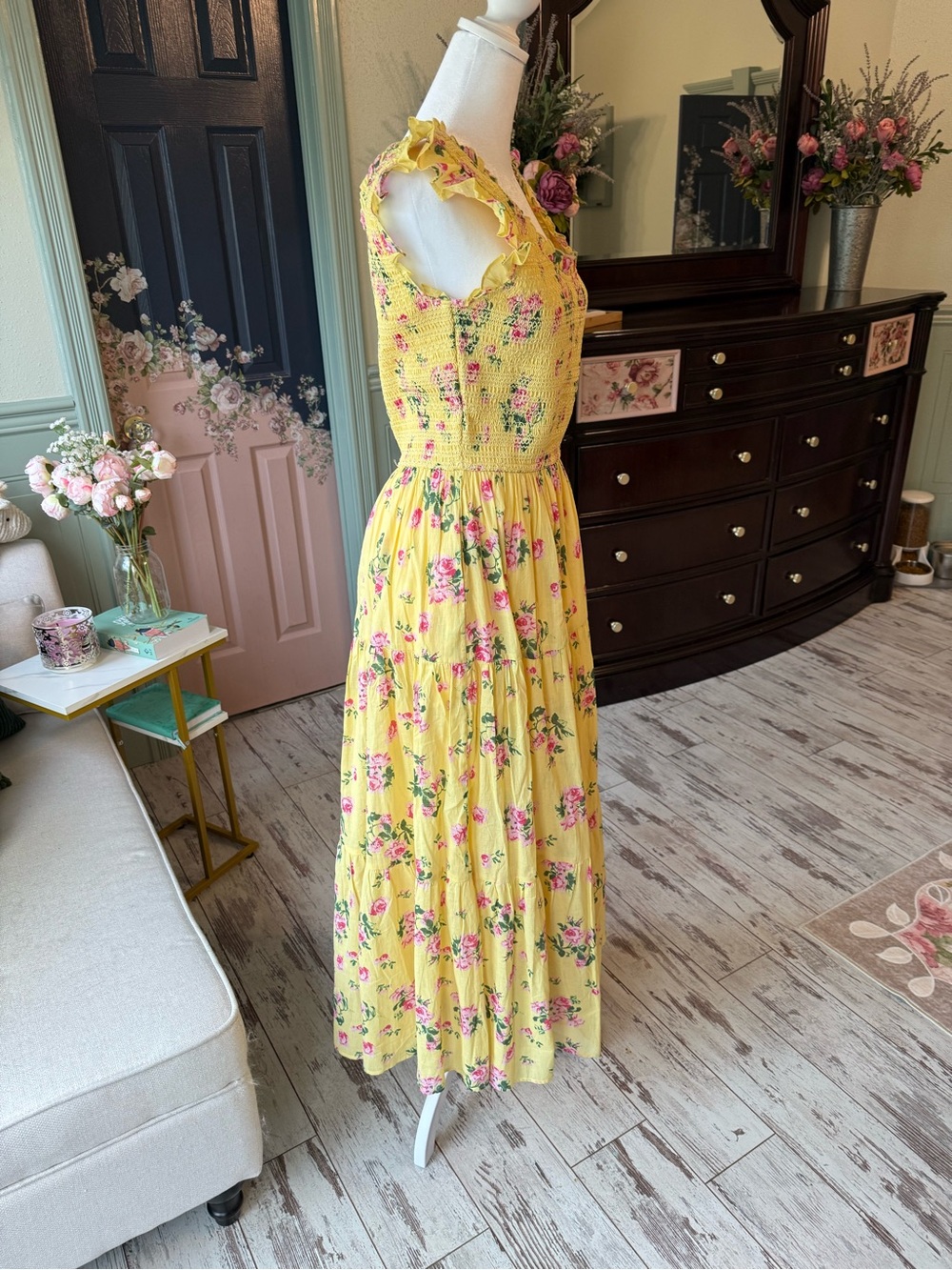 JessaKae Yellow Floral Maxi Dress with Smocked Bodice and Ruffle Sleeves NWOT - Picture 4 of 5